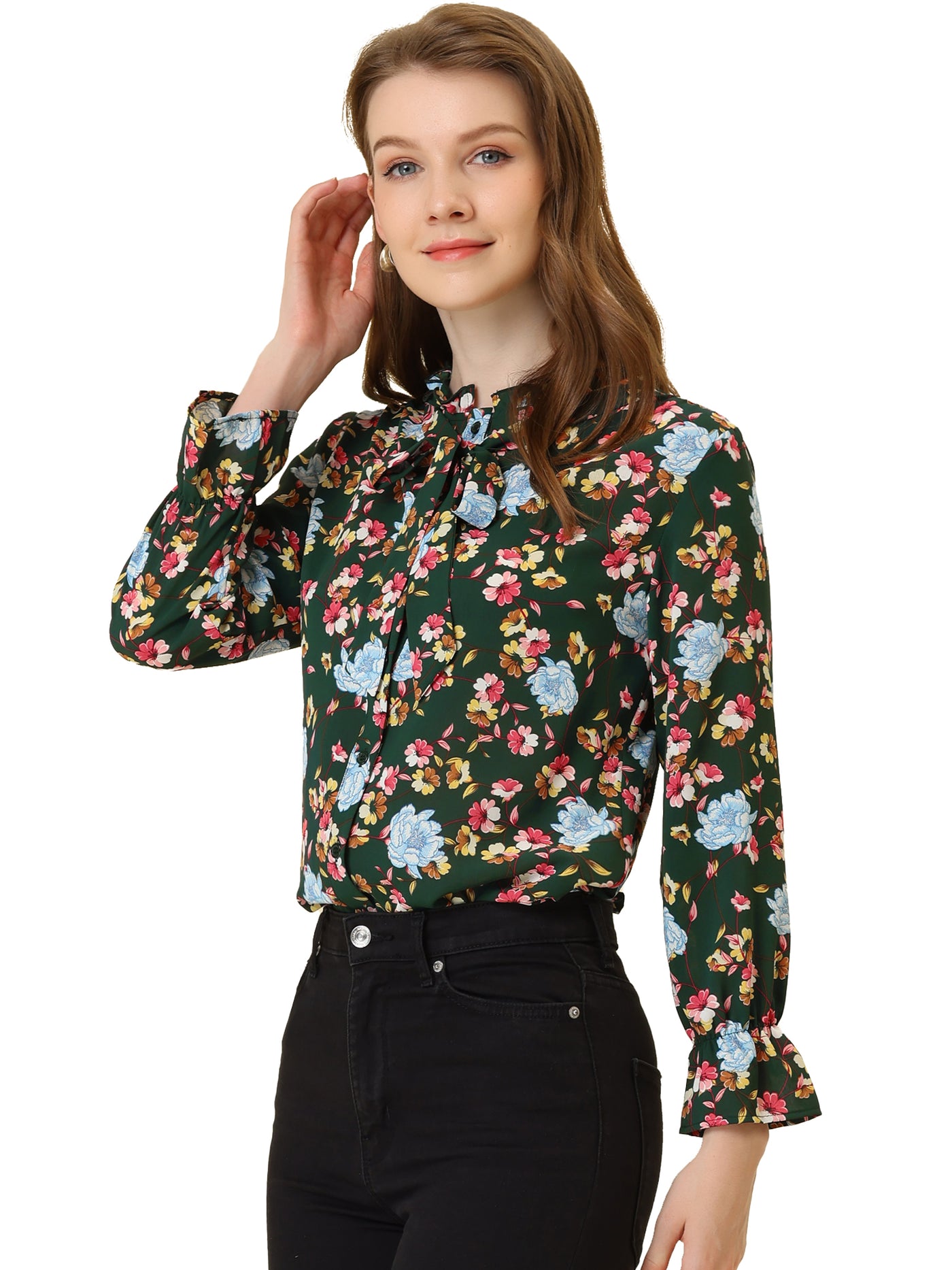 Allegra K Vintage Floral Tie Neck Long Sleeve Ruffled Collar Peasant Blouse