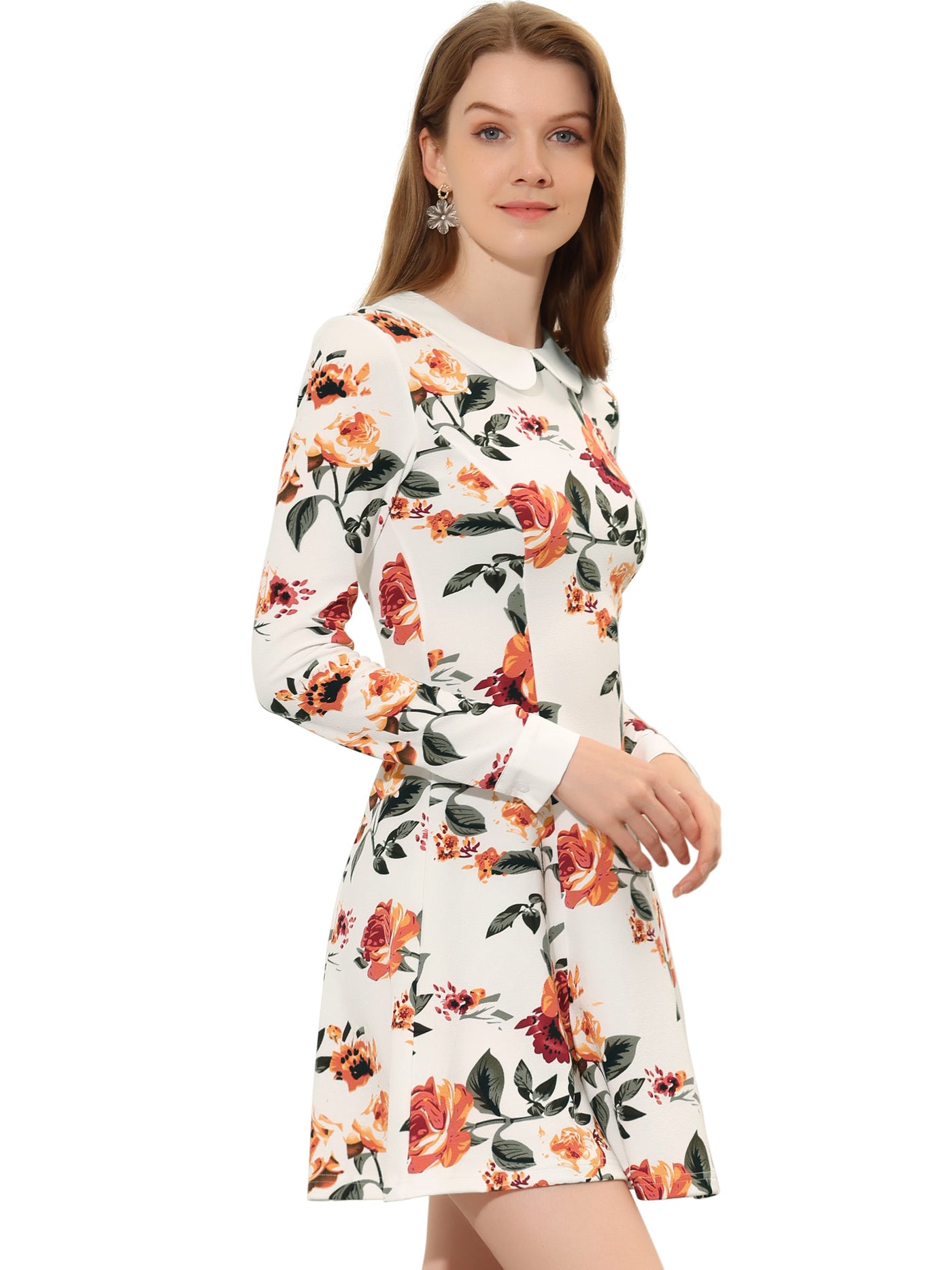 Allegra K Peter Pan Collar Contrast Printed A-Line Short Dress