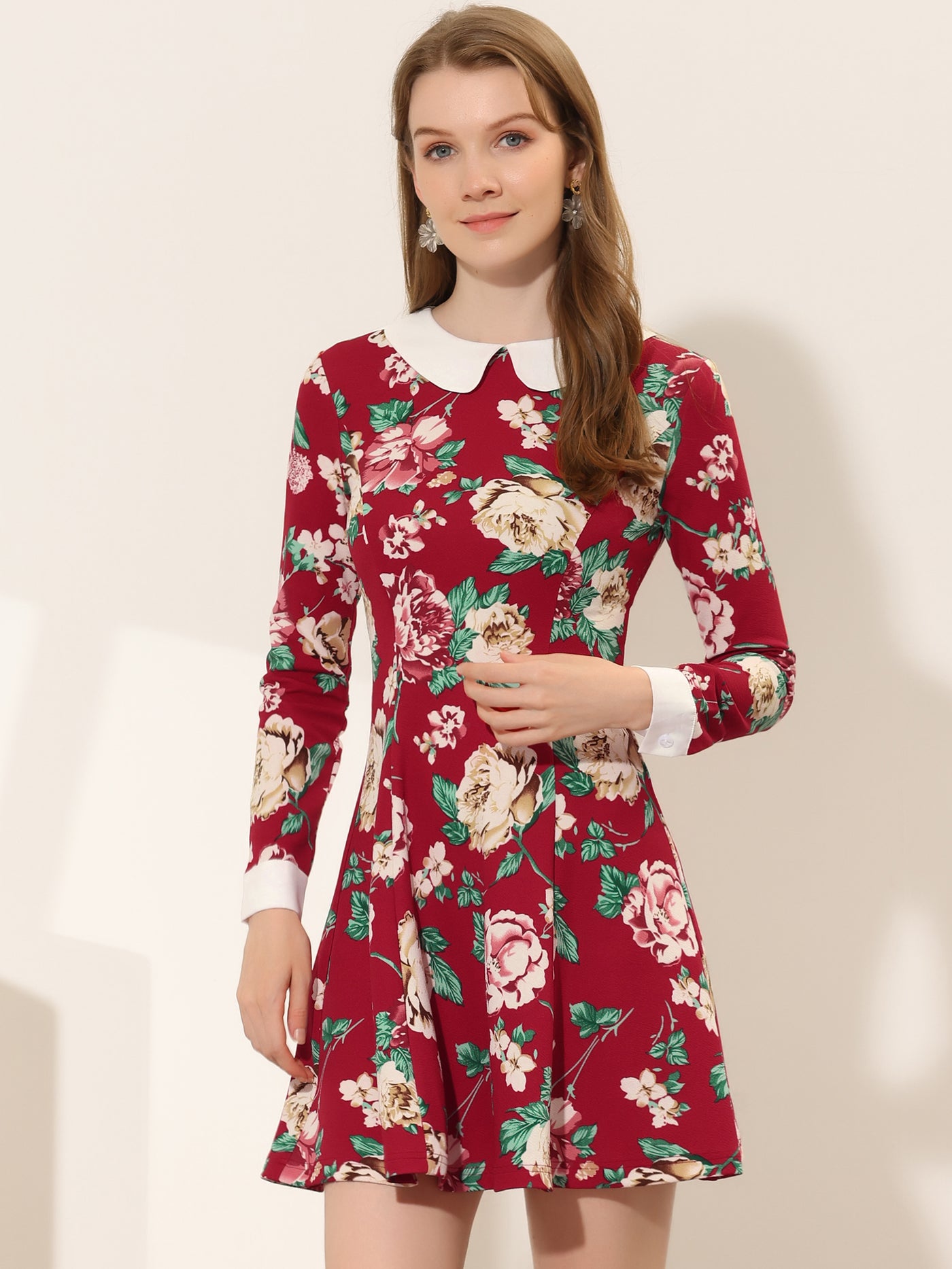 Allegra K Peter Pan Collar Contrast Printed A-Line Short Dress