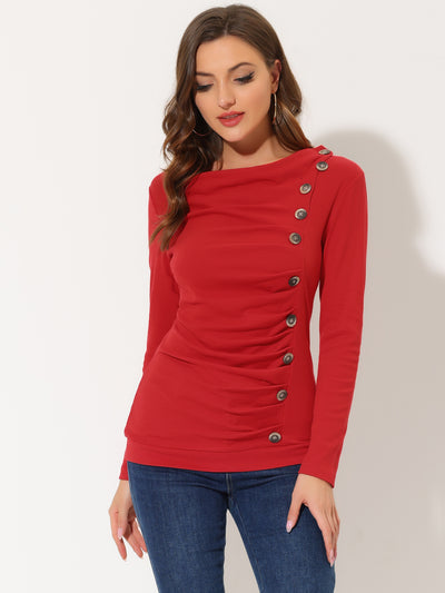 Cowl Neck Long Sleeve Button Decor Ruched Tunic