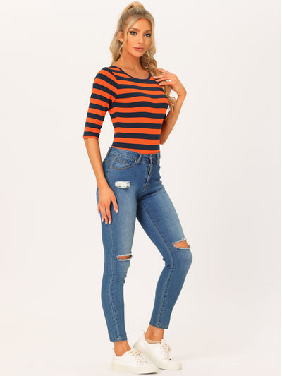 Striped Elbow Sleeve Round Neck Casual T-Shirt