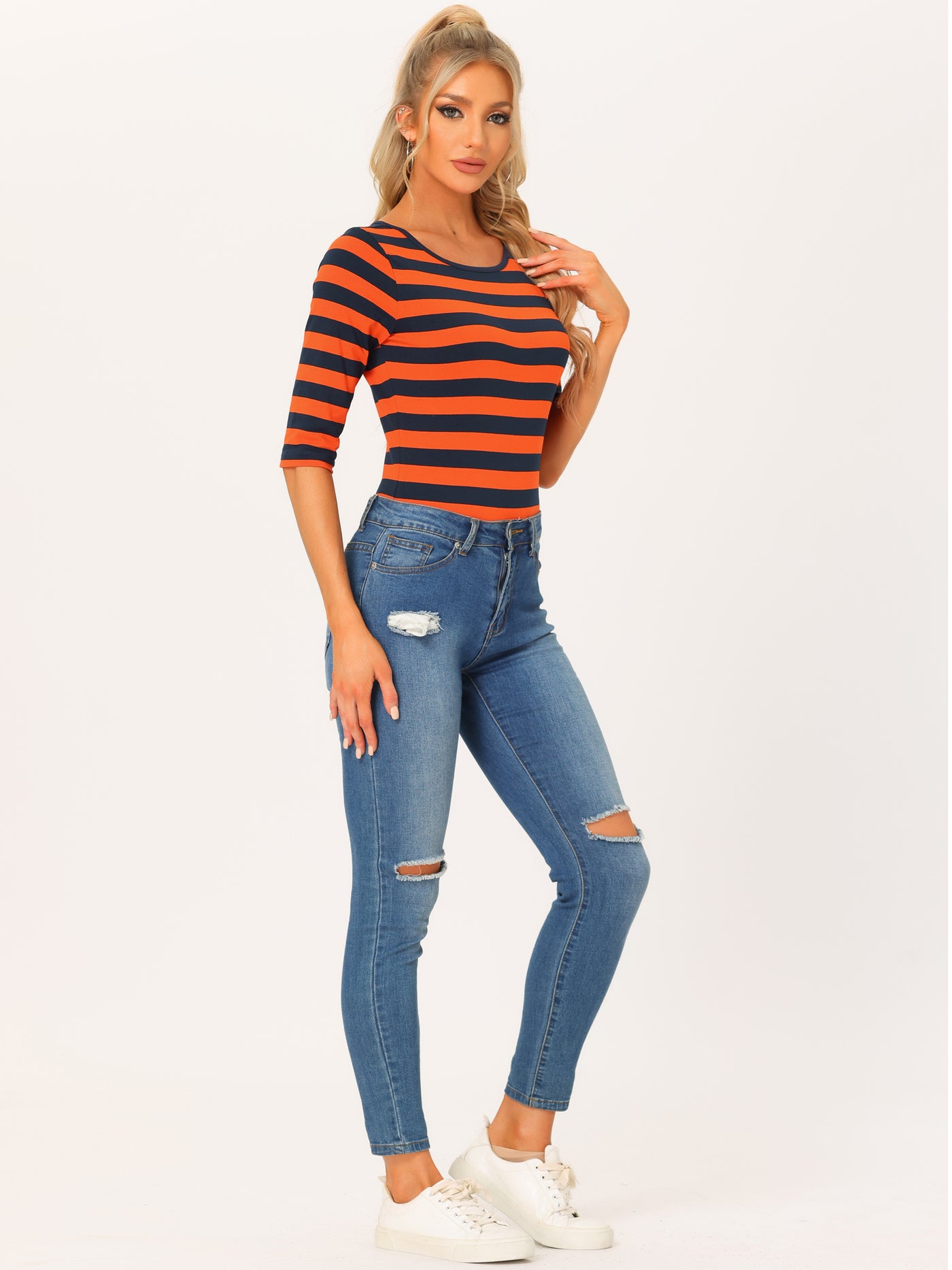 Allegra K Striped Elbow Sleeve Round Neck Casual T-Shirt