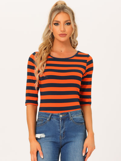 Striped Elbow Sleeve Round Neck Casual T-Shirt