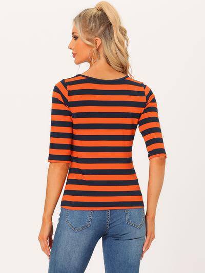 Striped Elbow Sleeve Round Neck Casual T-Shirt