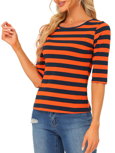 Striped Elbow Sleeve Round Neck Casual T-Shirt