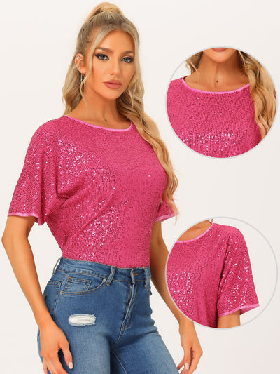 Sequin Top Round Neck Short Sleeve Party Clubwear Blouse