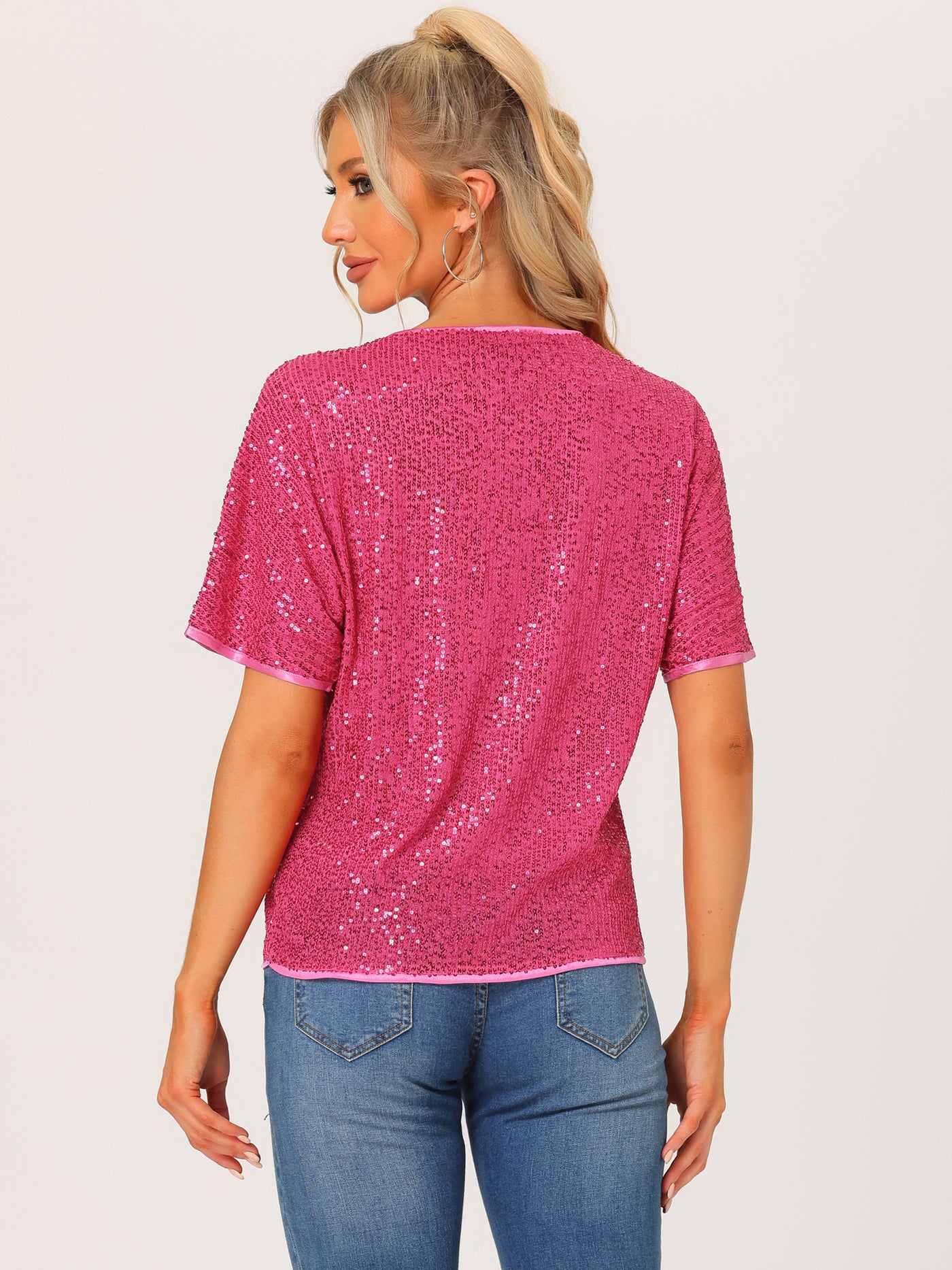 Allegra K Sequin Top Round Neck Short Sleeve Party Clubwear Blouse