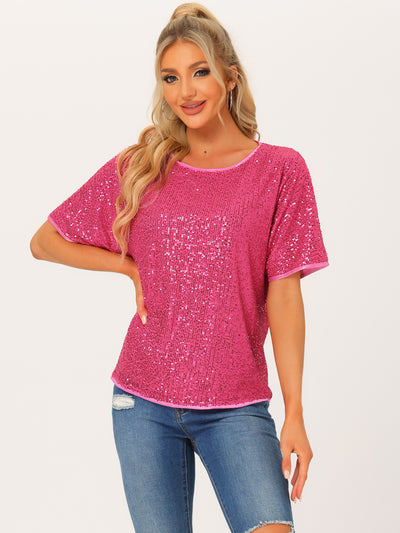 Sequin Top Round Neck Short Sleeve Party Clubwear Blouse