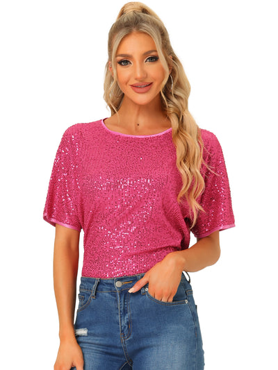 Sequin Top Round Neck Short Sleeve Party Clubwear Blouse