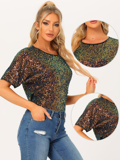 Sequin Top Round Neck Short Sleeve Party Clubwear Blouse