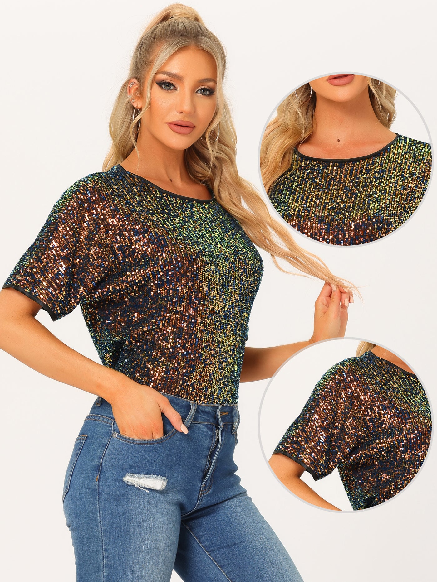 Allegra K Sequin Top Round Neck Short Sleeve Party Clubwear Blouse