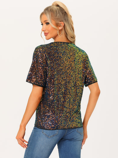 Sequin Top Round Neck Short Sleeve Party Clubwear Blouse