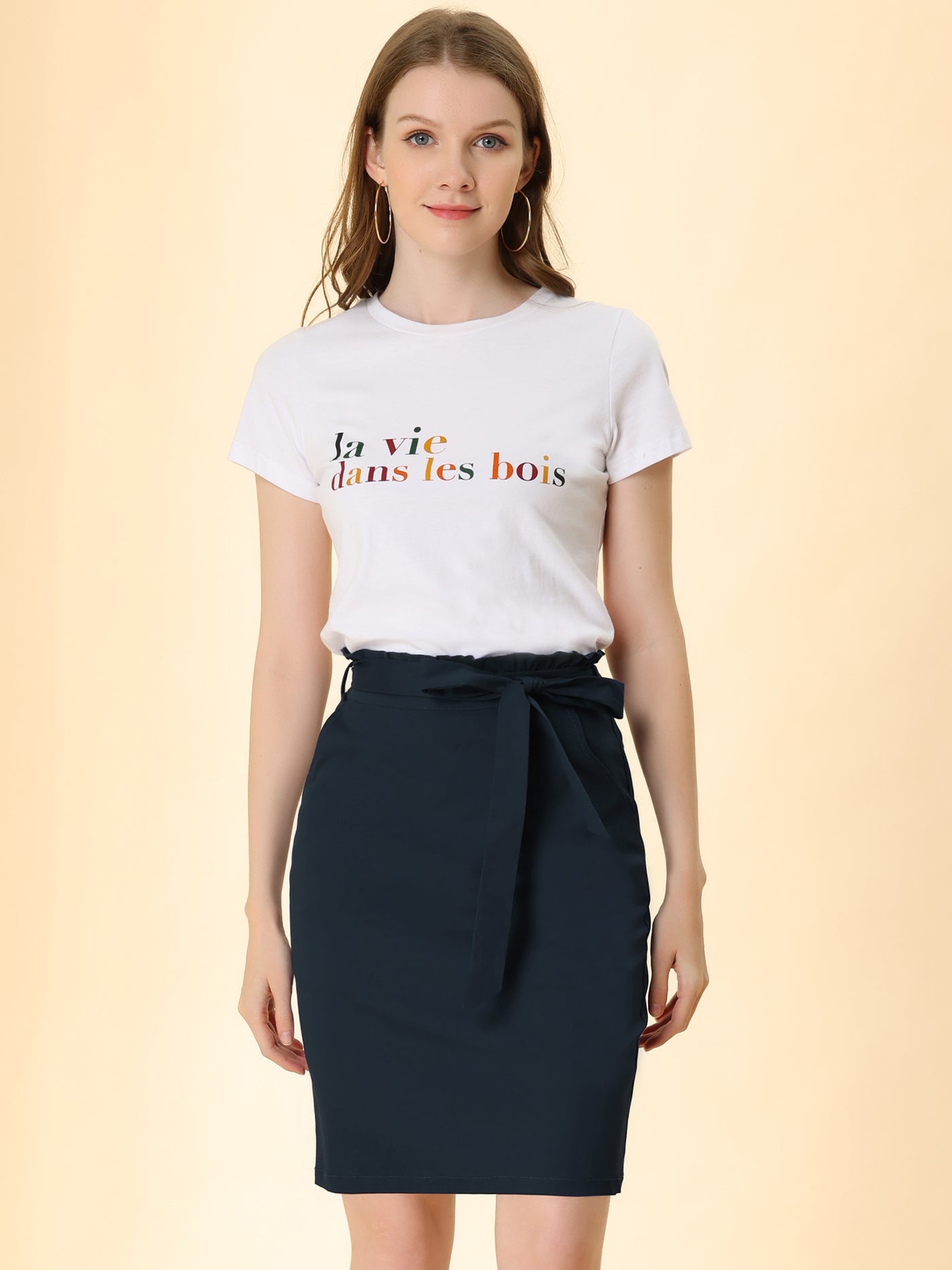 Allegra K Workwear Paperbag Elastic Waist Cotton Side Pockets Pencil Skirt