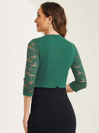 Lace Panel Open Front Long Sleeve Work Office Crop Bolero Shrug