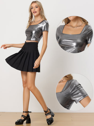 Metallic Square Neck Short Sleeve Backless Shiny Cropped Top
