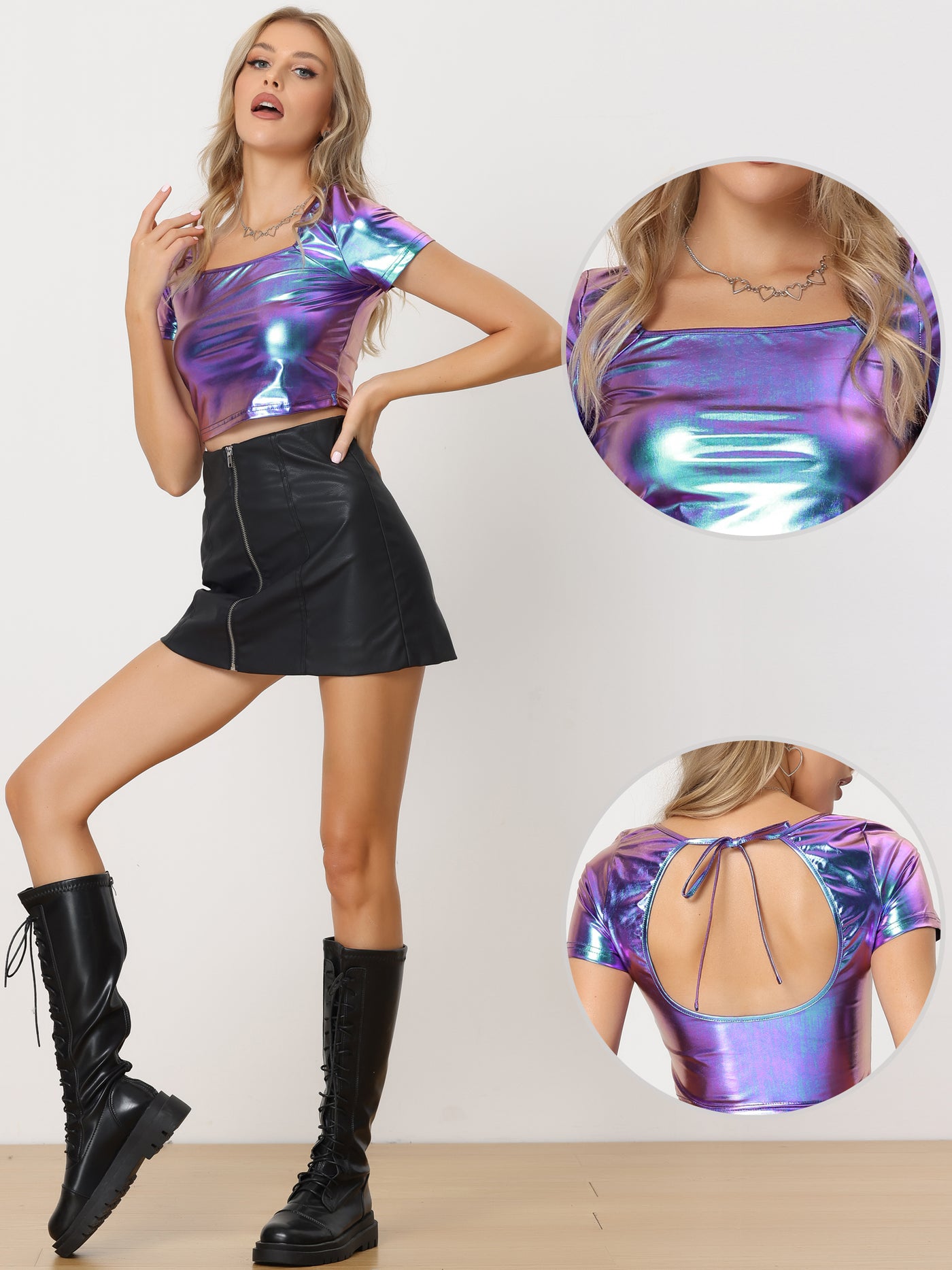 Allegra K Metallic Square Neck Short Sleeve Backless Shiny Cropped Top