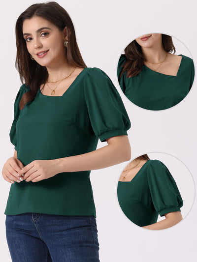 Casual Puff Short Sleeve Asymmetrical V Neck Loose Fit Blouse