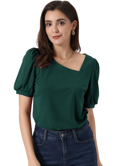 Casual Puff Short Sleeve Asymmetrical V Neck Loose Fit Blouse