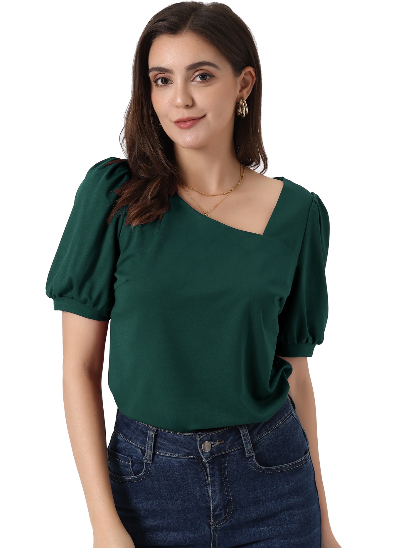 Allegra K Casual Puff Short Sleeve Asymmetrical V Neck Loose Fit Blouse