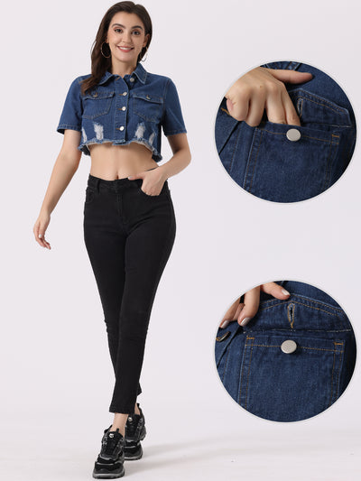 Casual Cropped Collared Short Sleeve Frayed Jean Denim Jacket