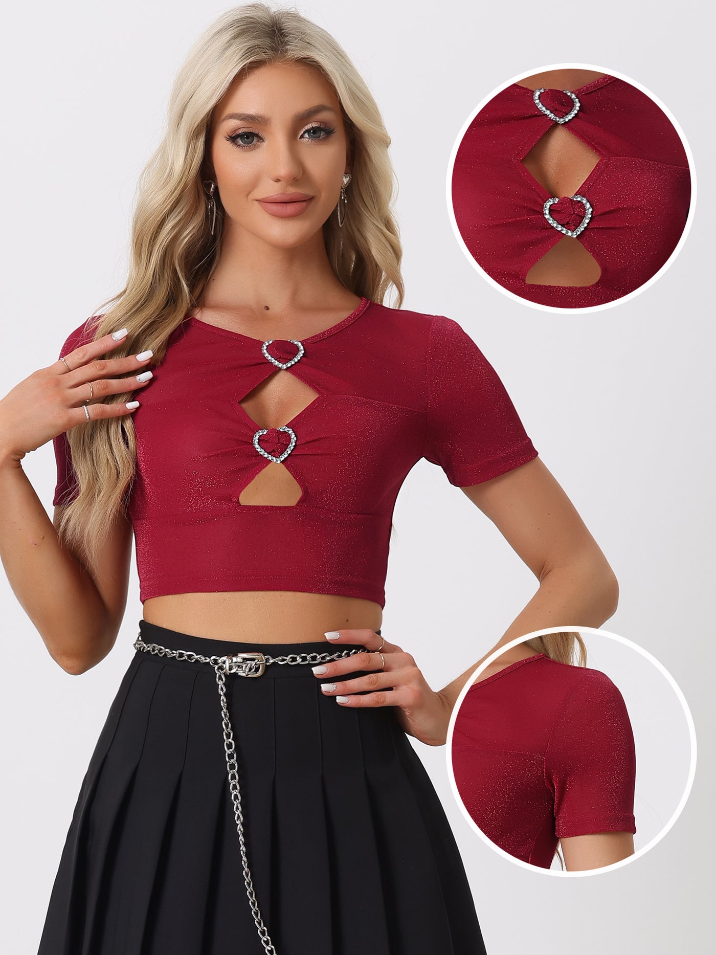 Allegra K Party Glitter Shiny Short Sleeves Cut Out Crop Tops