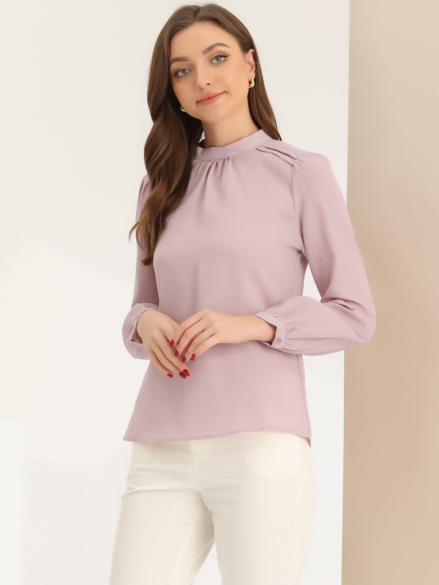 Allegra K Chiffon Shirt Work Office Mock Neck Long Sleeve Blouse