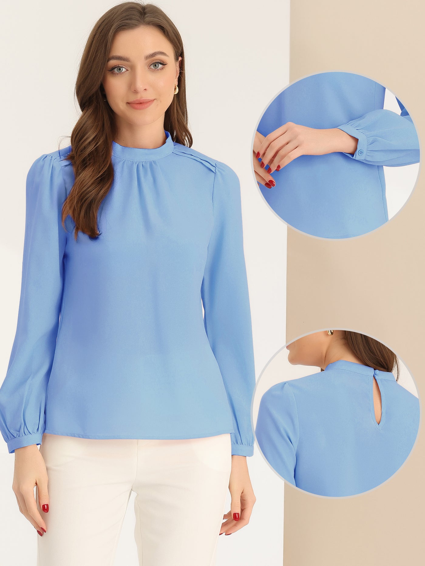 Allegra K Chiffon Shirt Work Office Mock Neck Long Sleeve Blouse