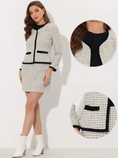 2 Piece Outfits Plaid Tweed Cropped Blazer Jacket & Mini Skirt Suit Set