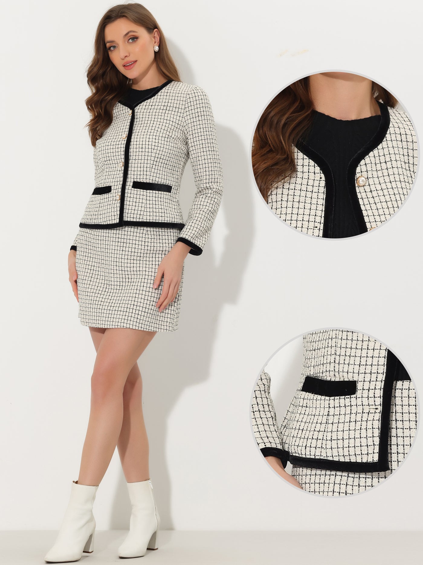 Allegra K 2 Piece Outfits Plaid Tweed Cropped Blazer Jacket & Mini Skirt Suit Set