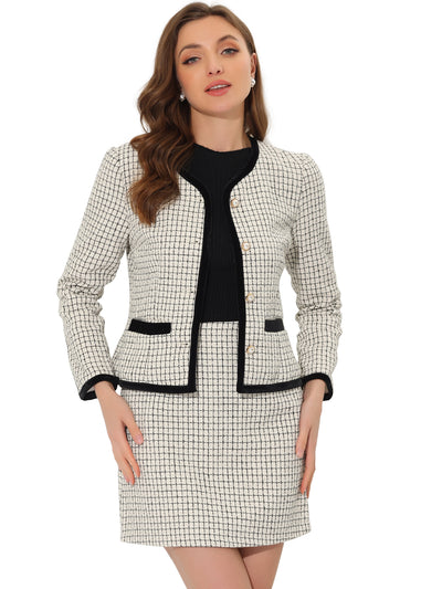 2 Piece Outfits Plaid Tweed Cropped Blazer Jacket & Mini Skirt Suit Set