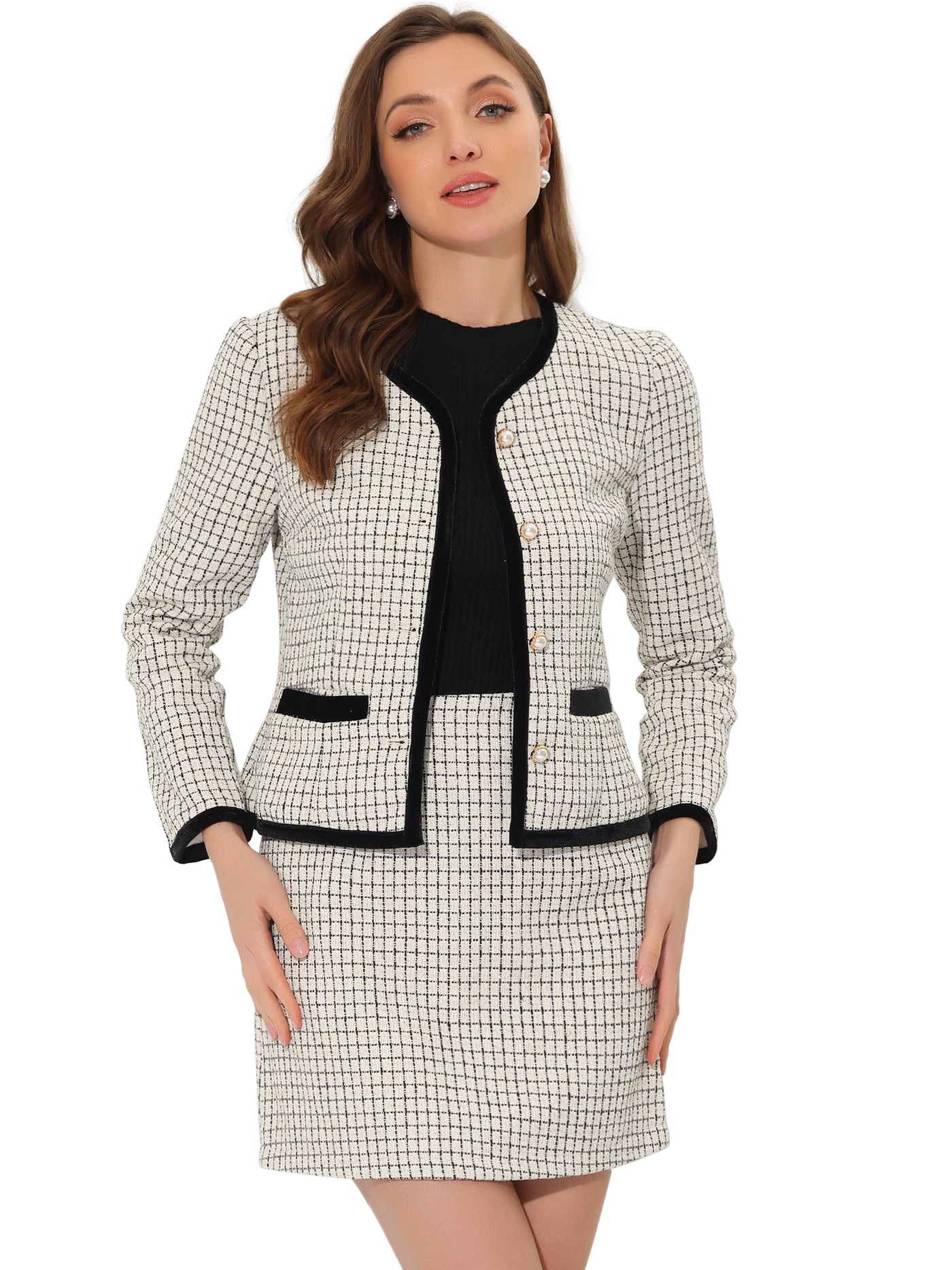 Allegra K 2 Piece Outfits Plaid Tweed Cropped Blazer Jacket & Mini Skirt Suit Set