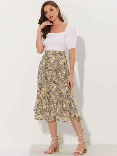 Printed Chiffon Elastic Waist Ruffle Tiered Flowy Midi Skirt