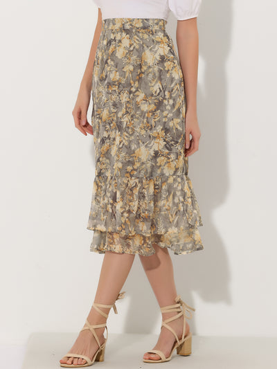 Printed Chiffon Elastic Waist Ruffle Tiered Flowy Midi Skirt