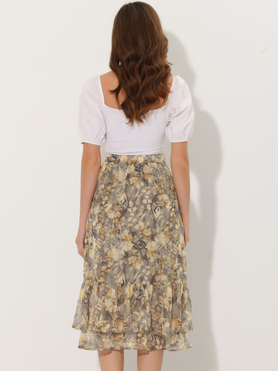 Printed Chiffon Elastic Waist Ruffle Tiered Flowy Midi Skirt