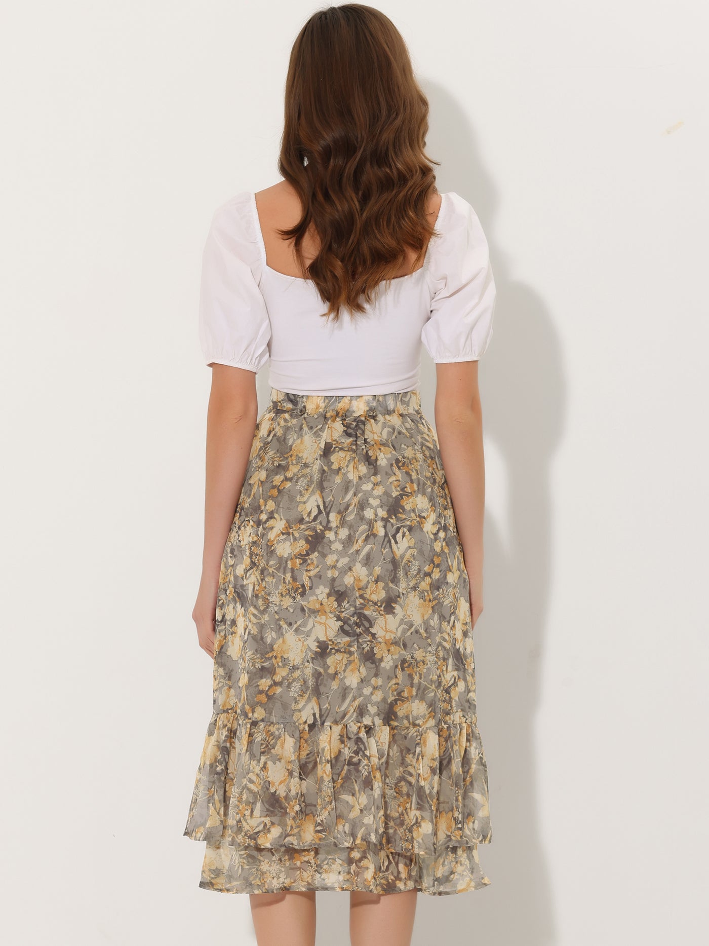 Allegra K Printed Chiffon Elastic Waist Ruffle Tiered Flowy Midi Skirt