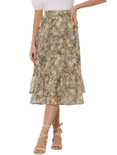 Printed Chiffon Elastic Waist Ruffle Tiered Flowy Midi Skirt