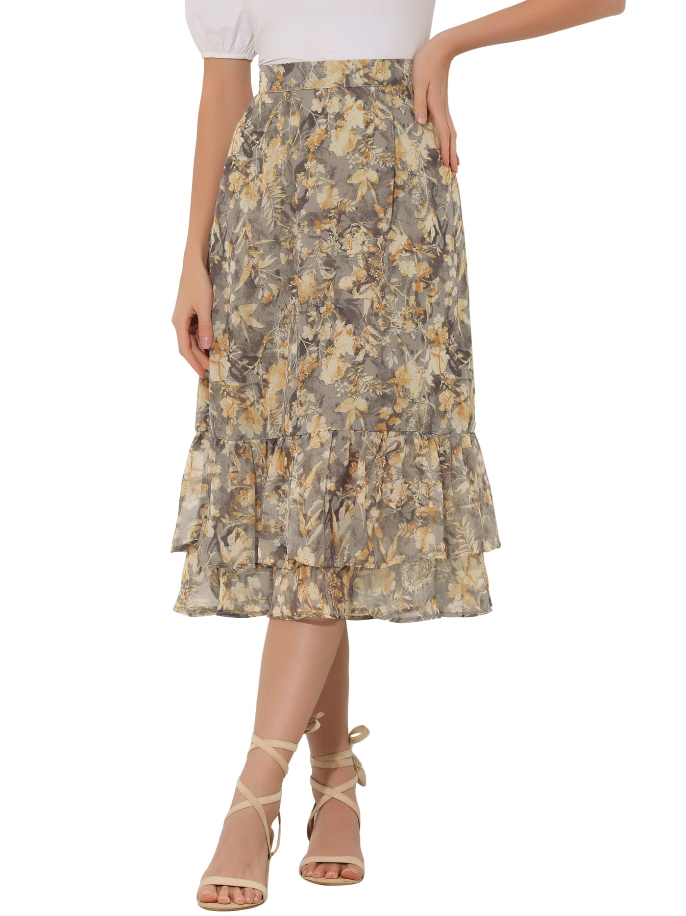 Allegra K Printed Chiffon Elastic Waist Ruffle Tiered Flowy Midi Skirt