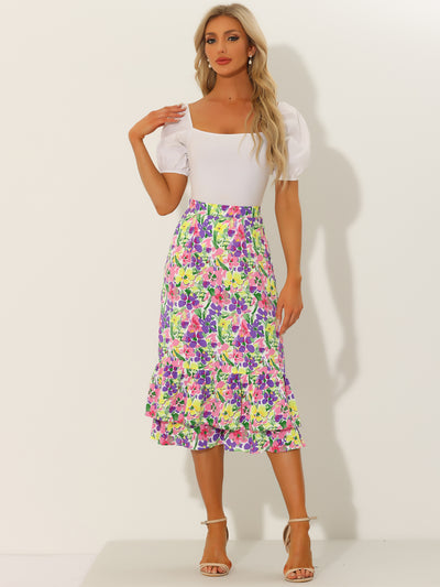 Printed Chiffon Elastic Waist Ruffle Tiered Flowy Midi Skirt