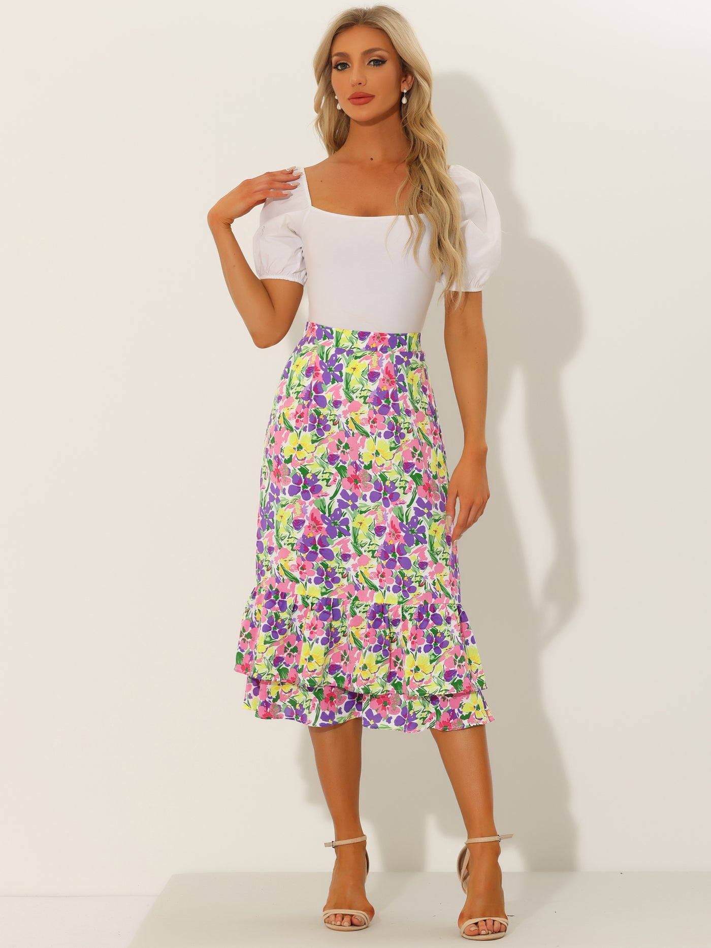 Allegra K Printed Chiffon Elastic Waist Ruffle Tiered Flowy Midi Skirt