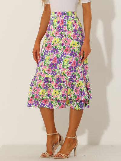 Printed Chiffon Elastic Waist Ruffle Tiered Flowy Midi Skirt