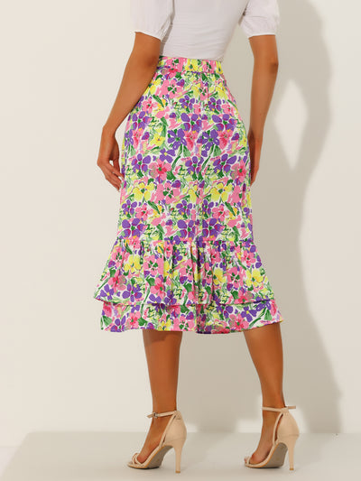 Printed Chiffon Elastic Waist Ruffle Tiered Flowy Midi Skirt