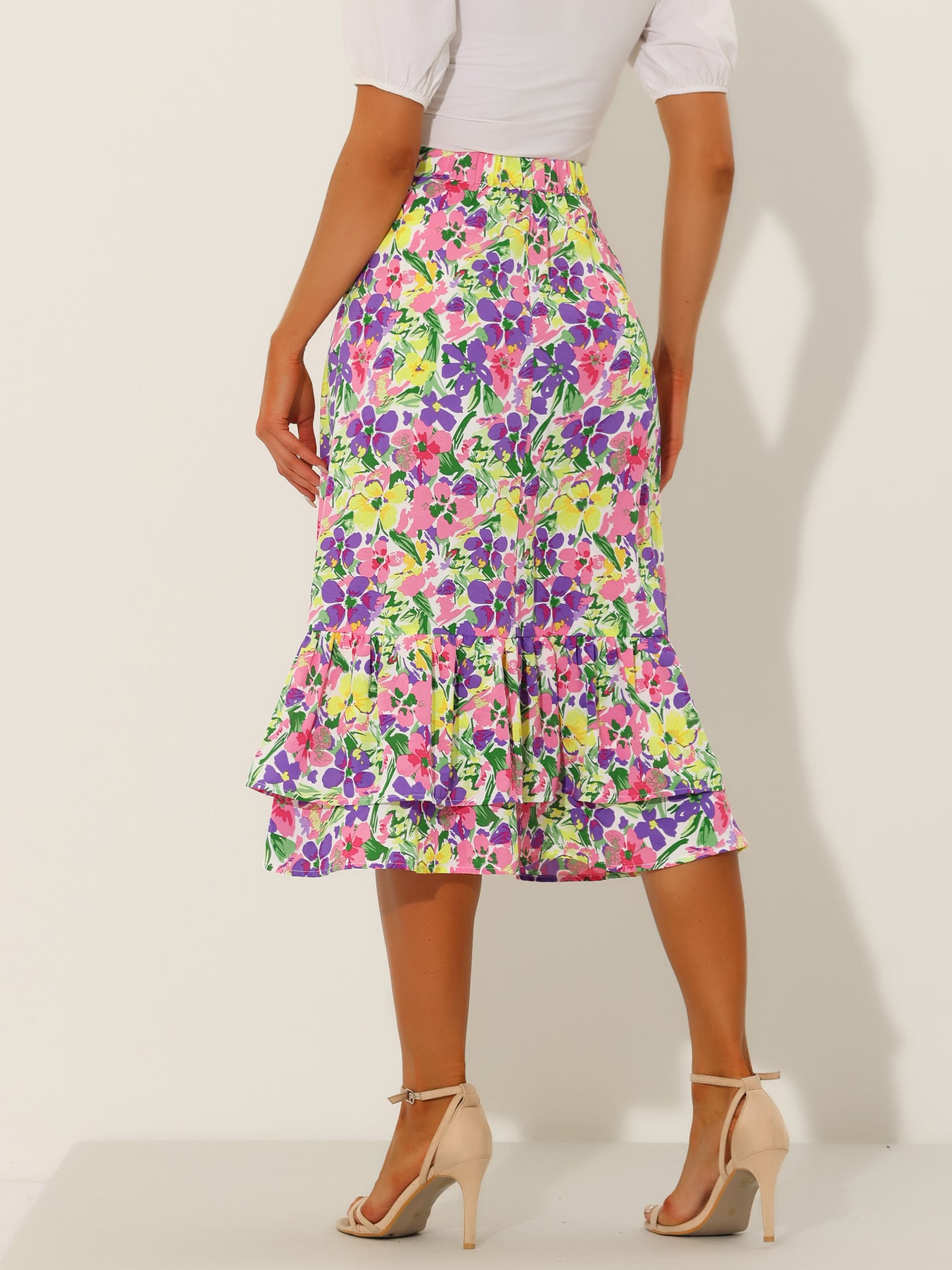 Allegra K Printed Chiffon Elastic Waist Ruffle Tiered Flowy Midi Skirt