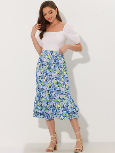 Printed Chiffon Elastic Waist Ruffle Tiered Flowy Midi Skirt