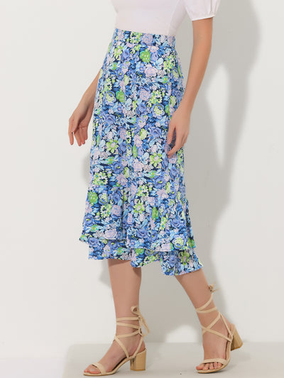 Printed Chiffon Elastic Waist Ruffle Tiered Flowy Midi Skirt