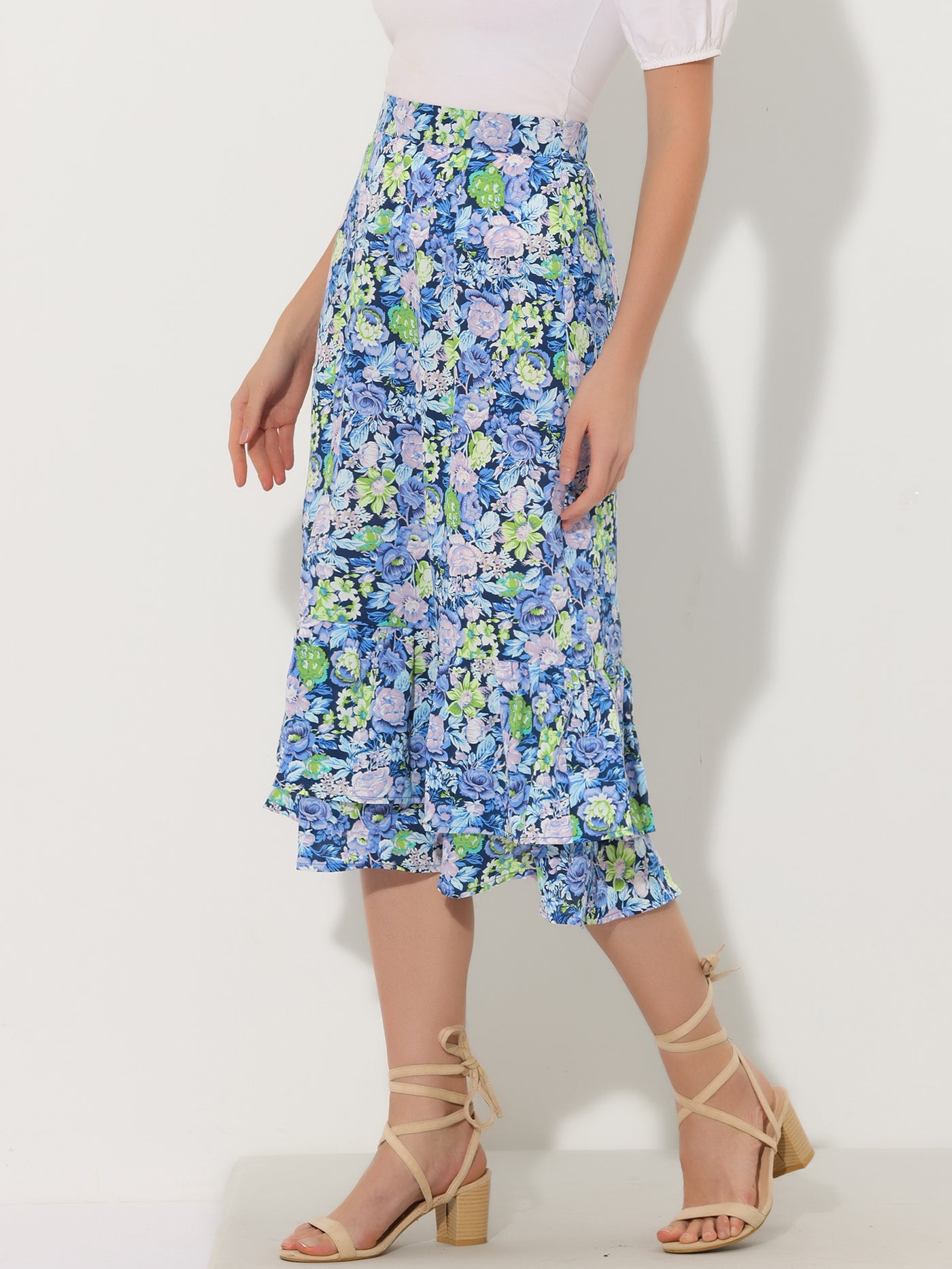 Allegra K Printed Chiffon Elastic Waist Ruffle Tiered Flowy Midi Skirt