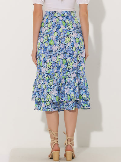 Printed Chiffon Elastic Waist Ruffle Tiered Flowy Midi Skirt