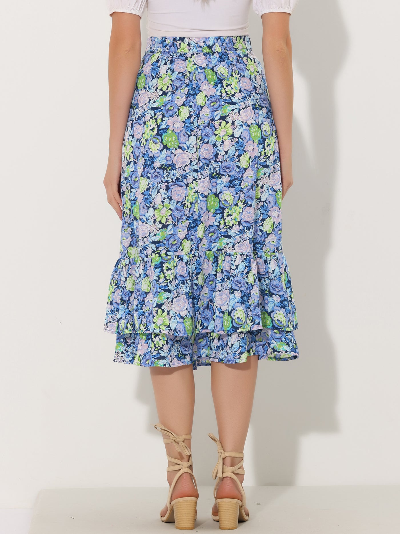 Allegra K Printed Chiffon Elastic Waist Ruffle Tiered Flowy Midi Skirt