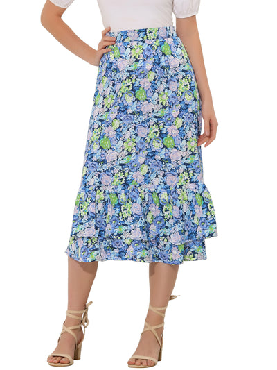 Printed Chiffon Elastic Waist Ruffle Tiered Flowy Midi Skirt