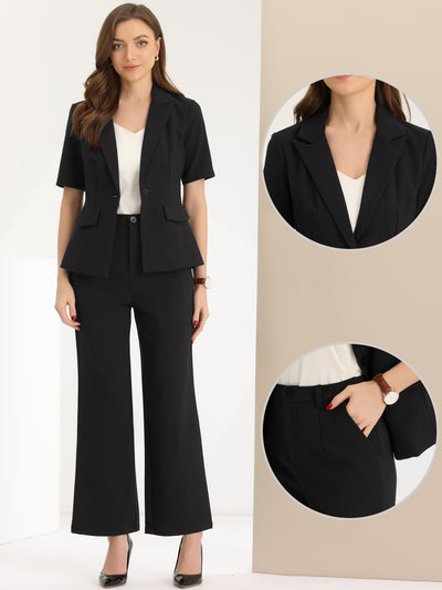 Allegra K 2 Piece One Button Short Sleeve Blazer Jacket and Suit Pants Office Suit Set