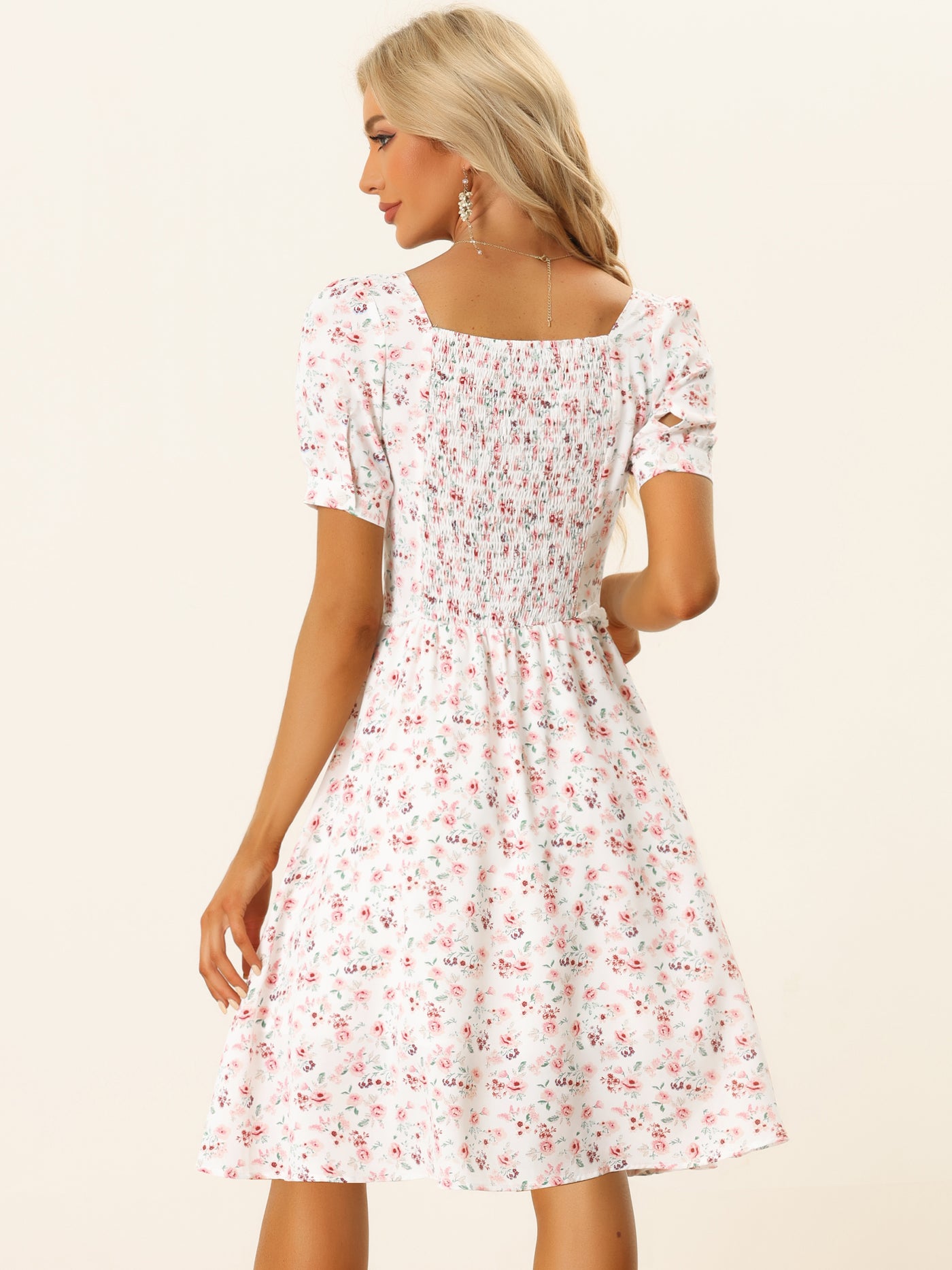 Allegra K Floral Lace Up Smocked Back Ruffle Summer A-Line Midi Dress